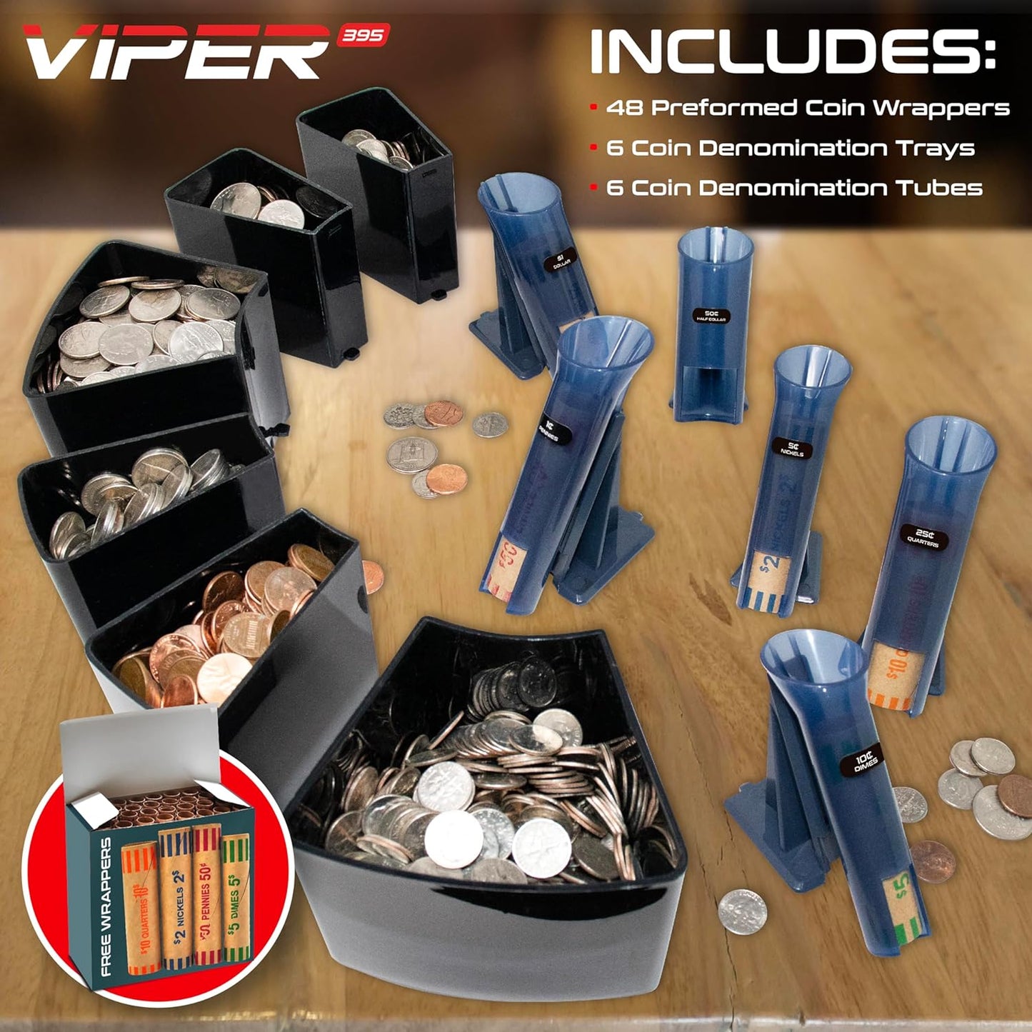 Safetech Viper V395 Coin Counter, Sorter, and Wrapper, Sorts All US Coins Including Half Dollars, Comes with 48 Preformed Wrappers, Dust Cover