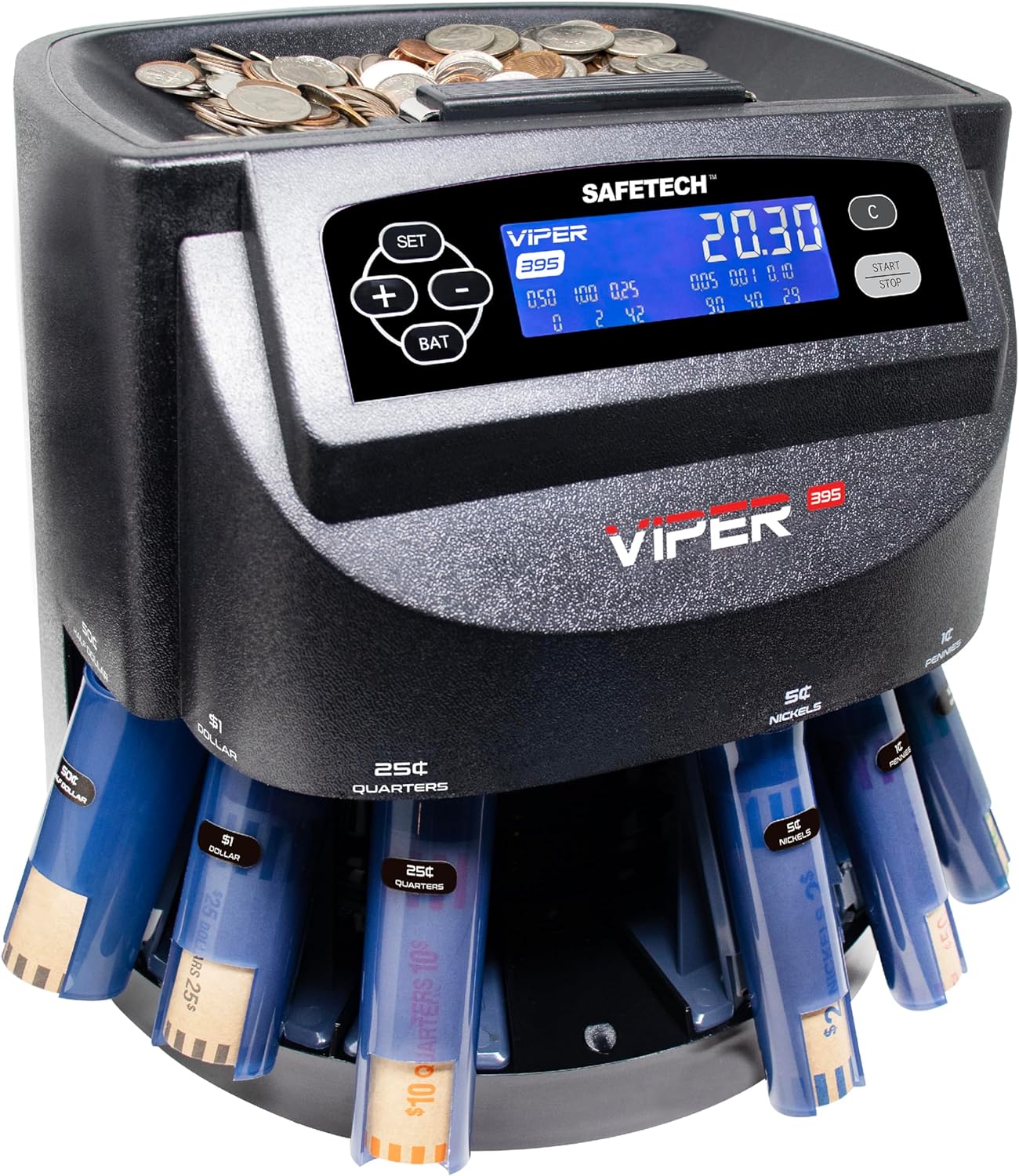 Safetech Viper V395 Coin Counter, Sorter, and Wrapper, Sorts All US Coins Including Half Dollars, Comes with 48 Preformed Wrappers, Dust Cover